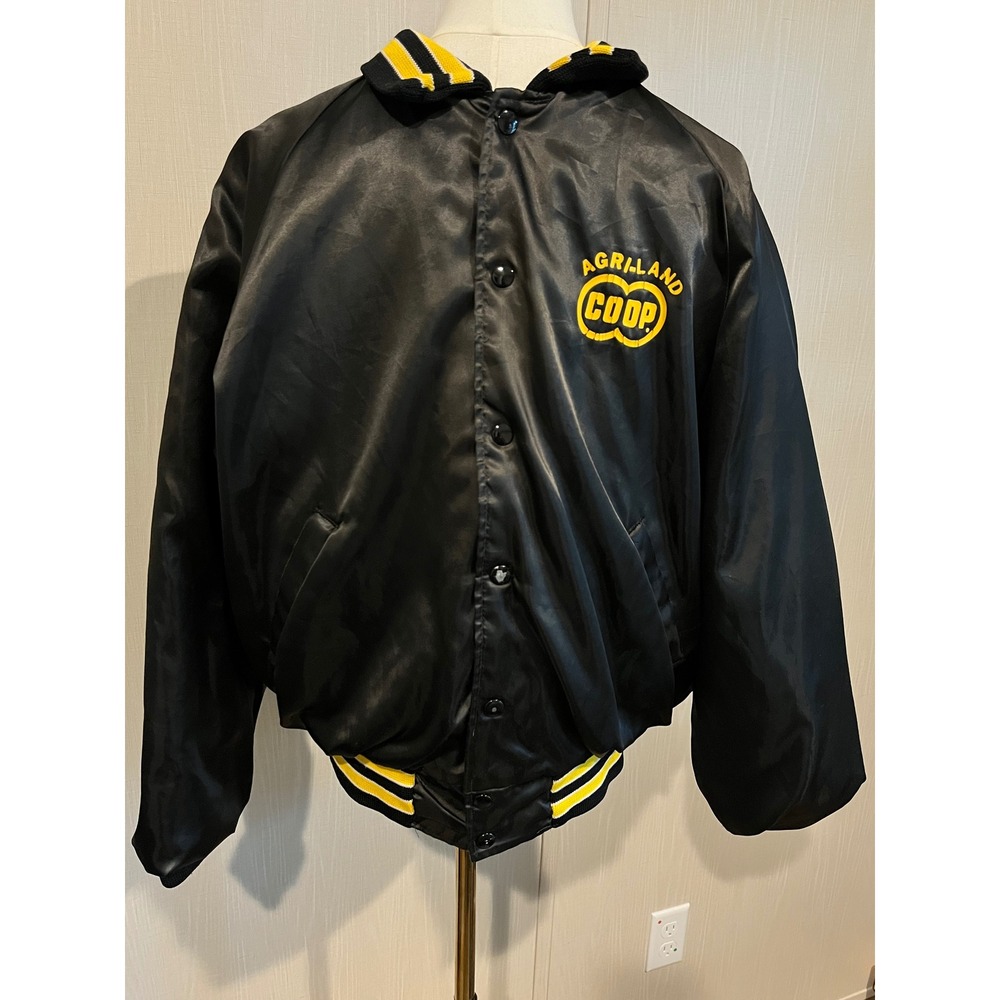 Vintage Agri-Land Co-op Satin Bomber Jacket Black Yellow,Lg